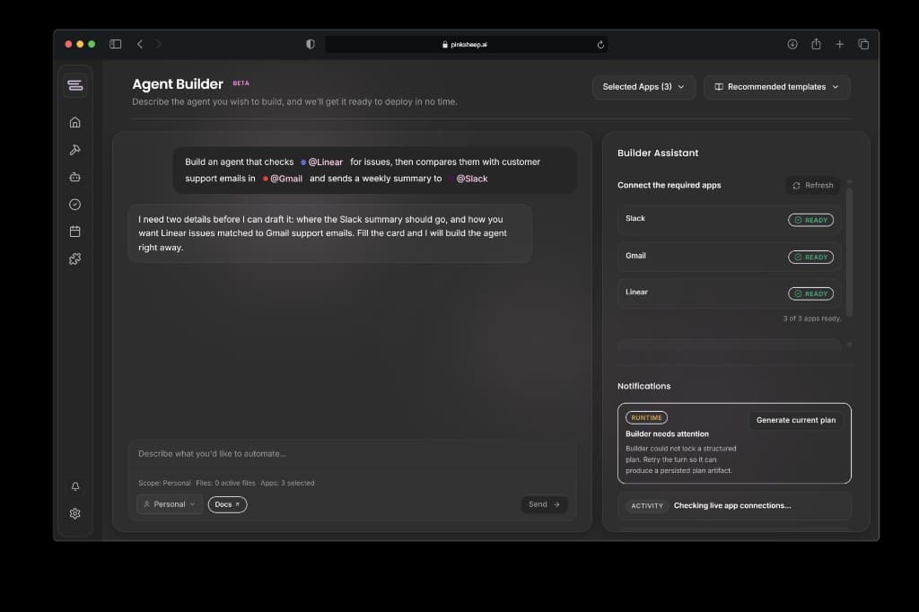 Pinksheep Agent Builder showing a natural-language prompt connected to Linear, Gmail, and Slack with the Builder Assistant panel open