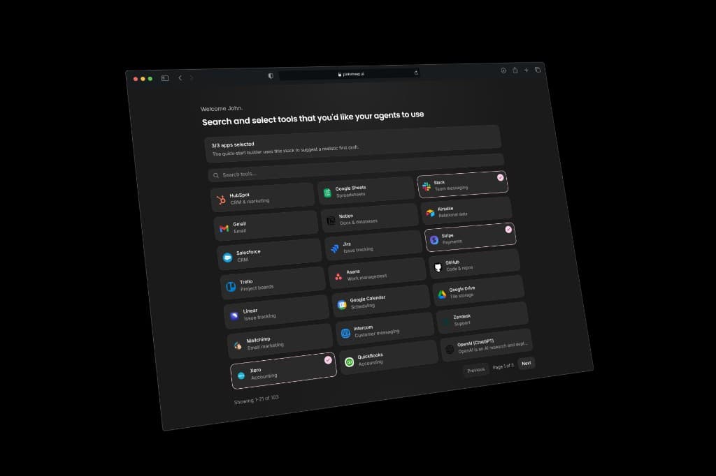 Pinksheep tool selection screen showing 103 available integrations including Slack, Gmail, Salesforce, Linear, Stripe, and Google Sheets with three apps selected